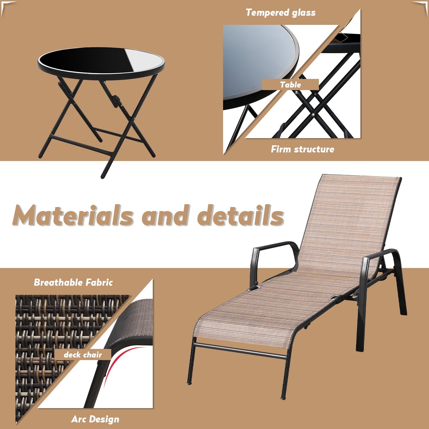 Devoko 3 Pcs Outdoor Chaise Lounge Steel Chair Sets Adjustable Backrest with Tempered Glass
