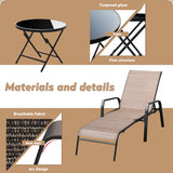 Devoko 3 Pcs Outdoor Chaise Lounge Steel Chair Sets Adjustable Backrest with Tempered Glass