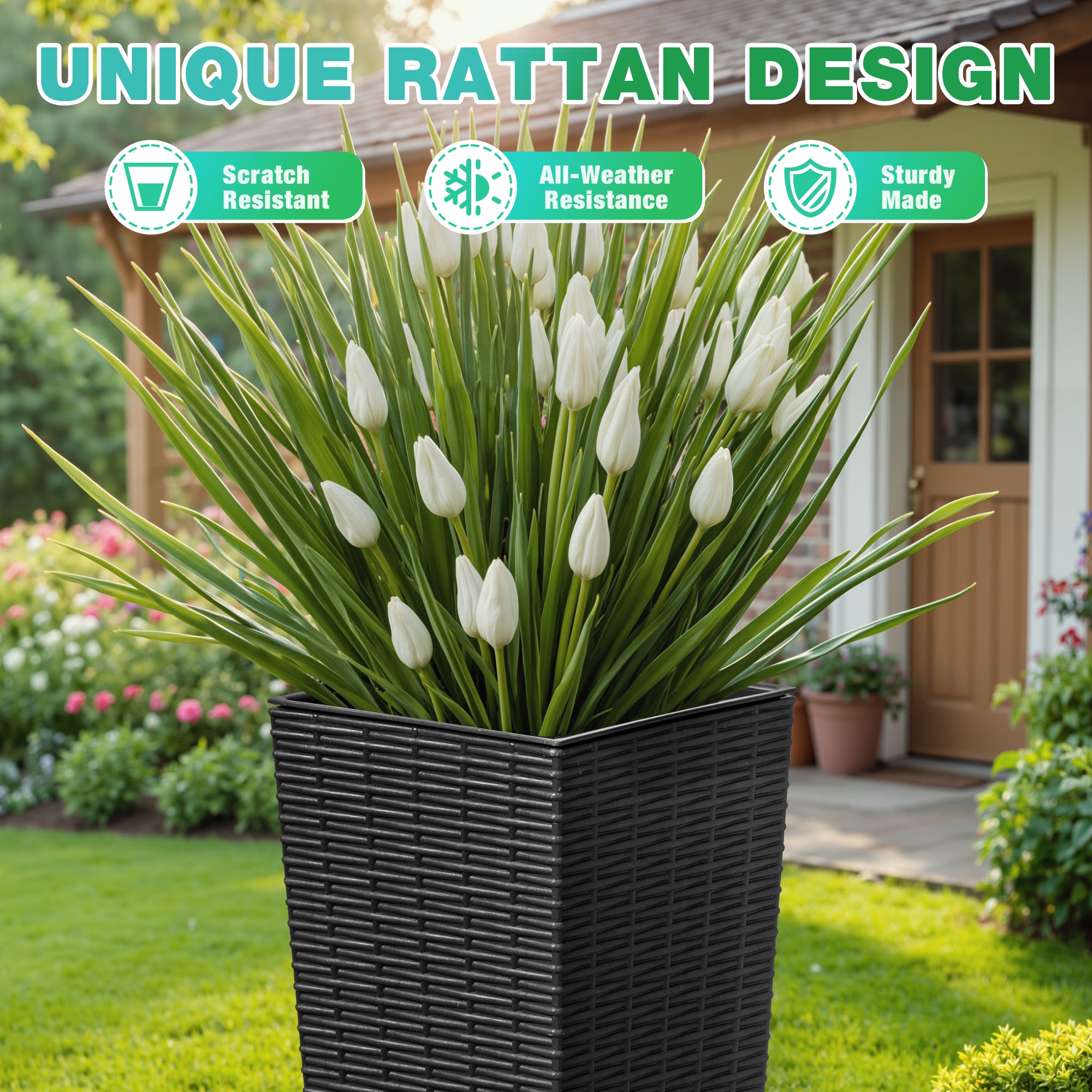 Devoko 24" Tall Planters for Outdoor Plants Set of 2, Woven-Textured Outdoor Plant Pots for Patio, Front Porch