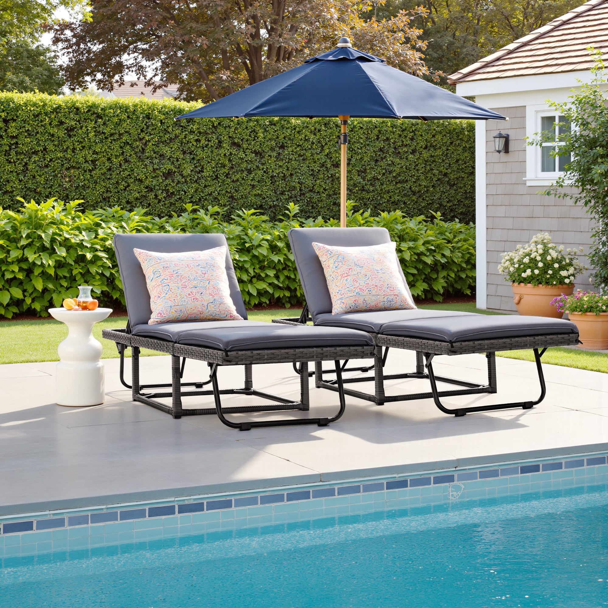 Devoko 2PCS Patio Folding Rattan Chaise Lounge Chair with Adjustable Back, Outdoor Cushioned Recliner for Garden&Backyard, Gray