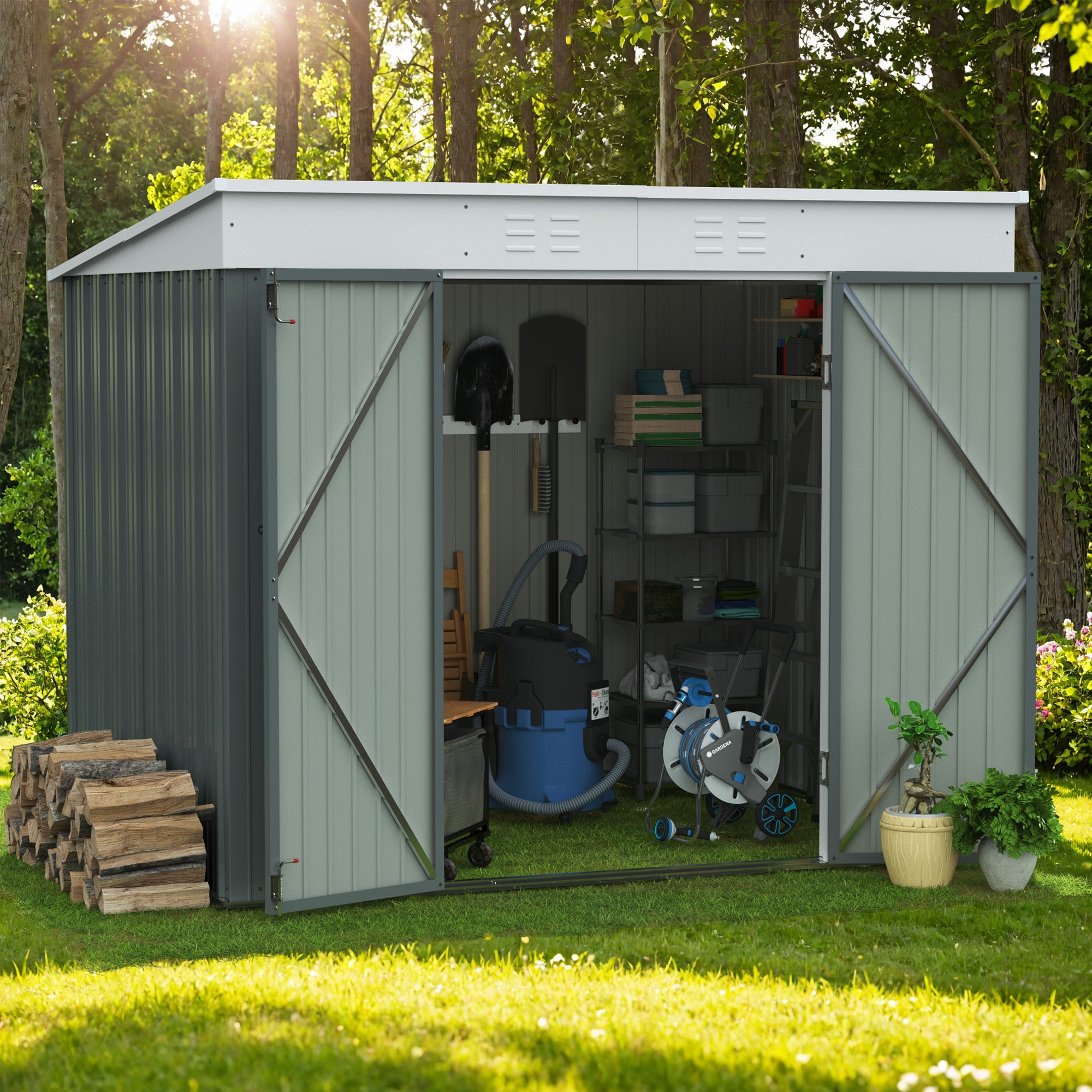 Devoko 8'x6' Patio Metal Storage Shed with Lockable Door,Outdoor Steel Tool Storage Shed for Backyard and Garden
