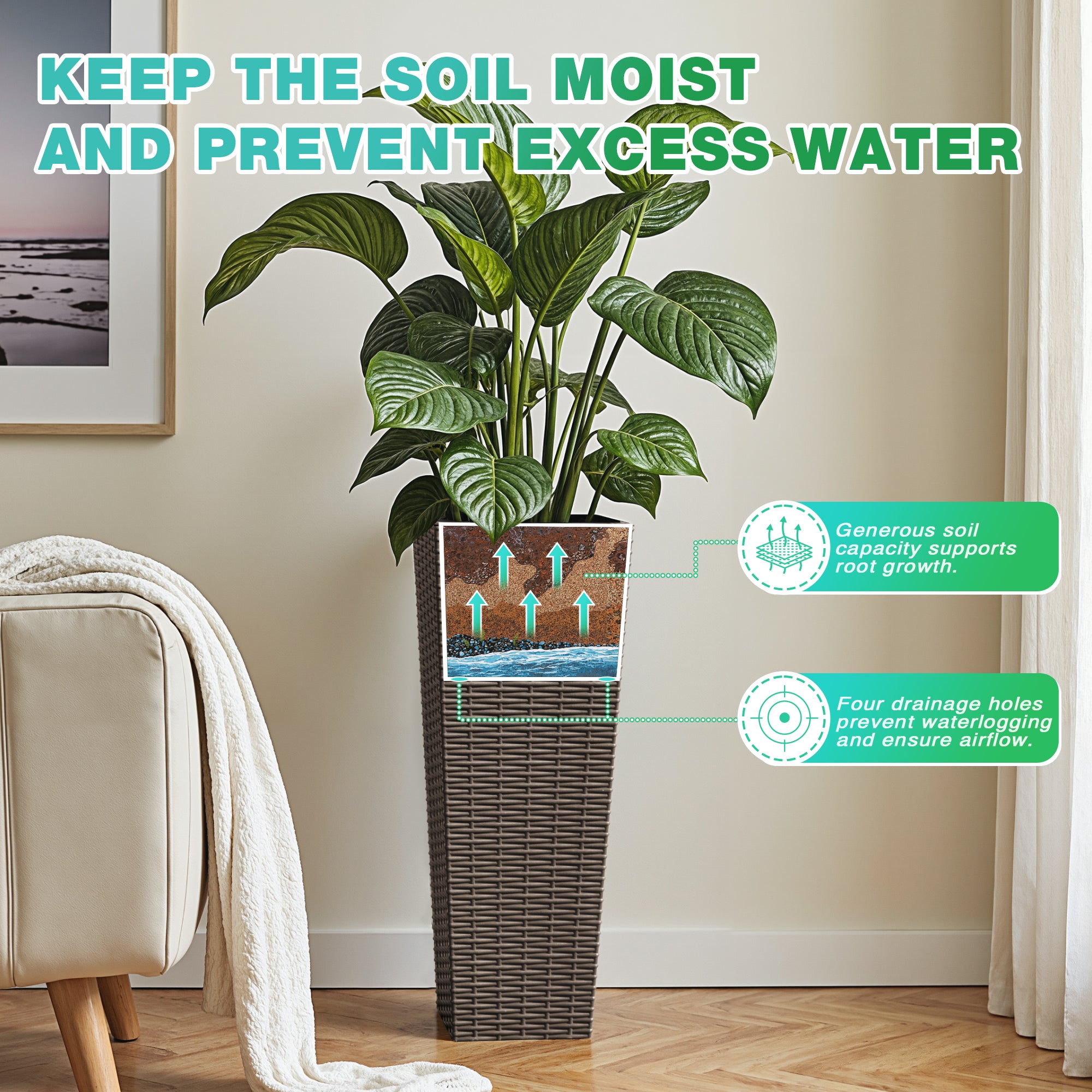 Devoko 24" Tall Planters for Outdoor Plants Set of 2, Woven-Textured Outdoor Plant Pots for Patio, Front Porch