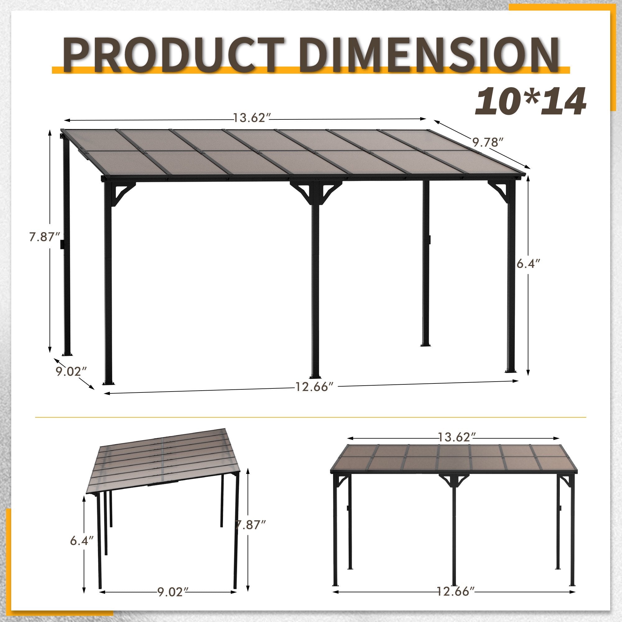 Devoko 10*10 ft Patio Gazebo with Metal Frame and Polycarbonate Roof, Pergola with Lean-to Roof for Backyard and Garden