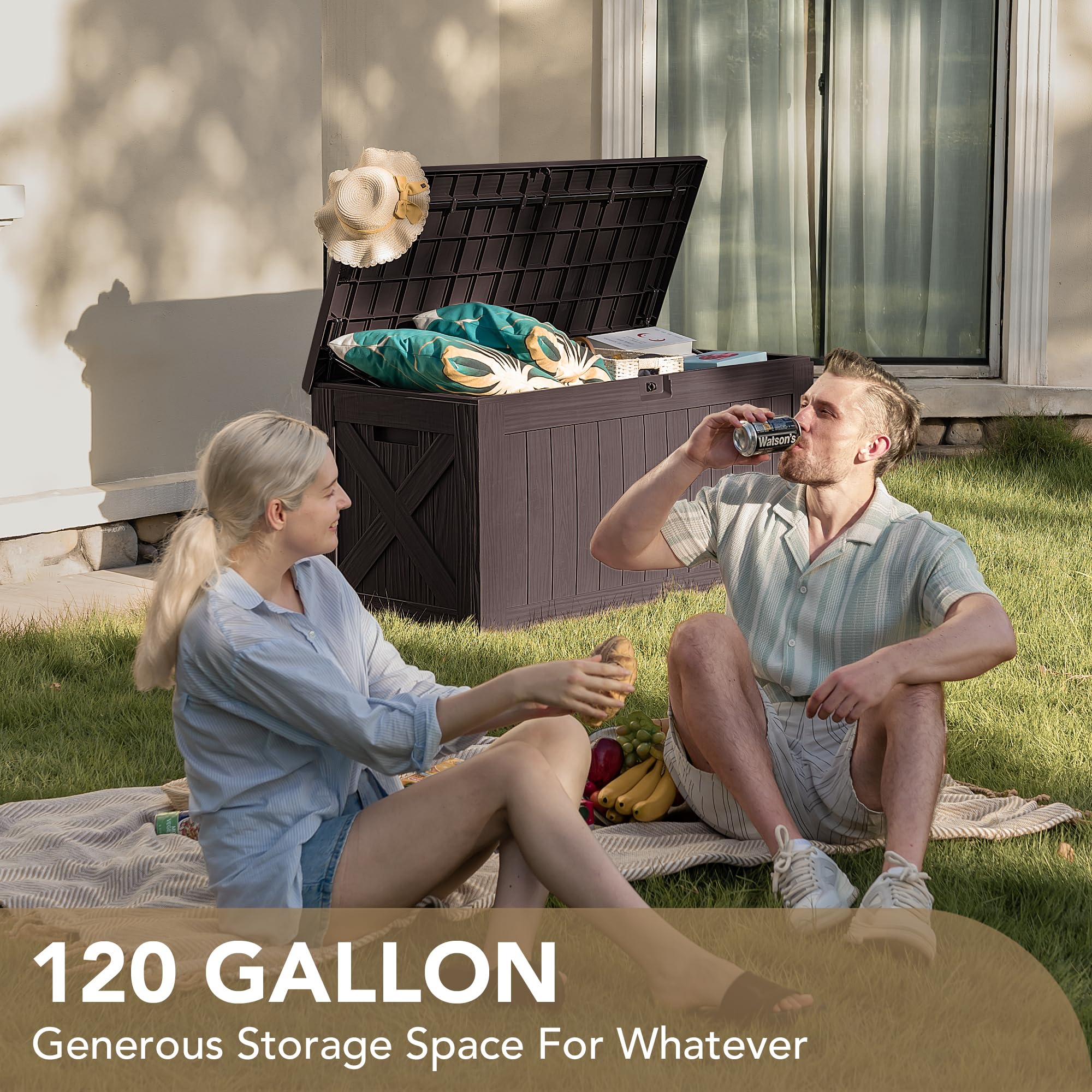 Devoko 120 Gallon Deck Box Resin Outdoor Storage Box Waterproof for Patio, Large Outdoor Storage Bench Lockable for Outside (Deep Brown)