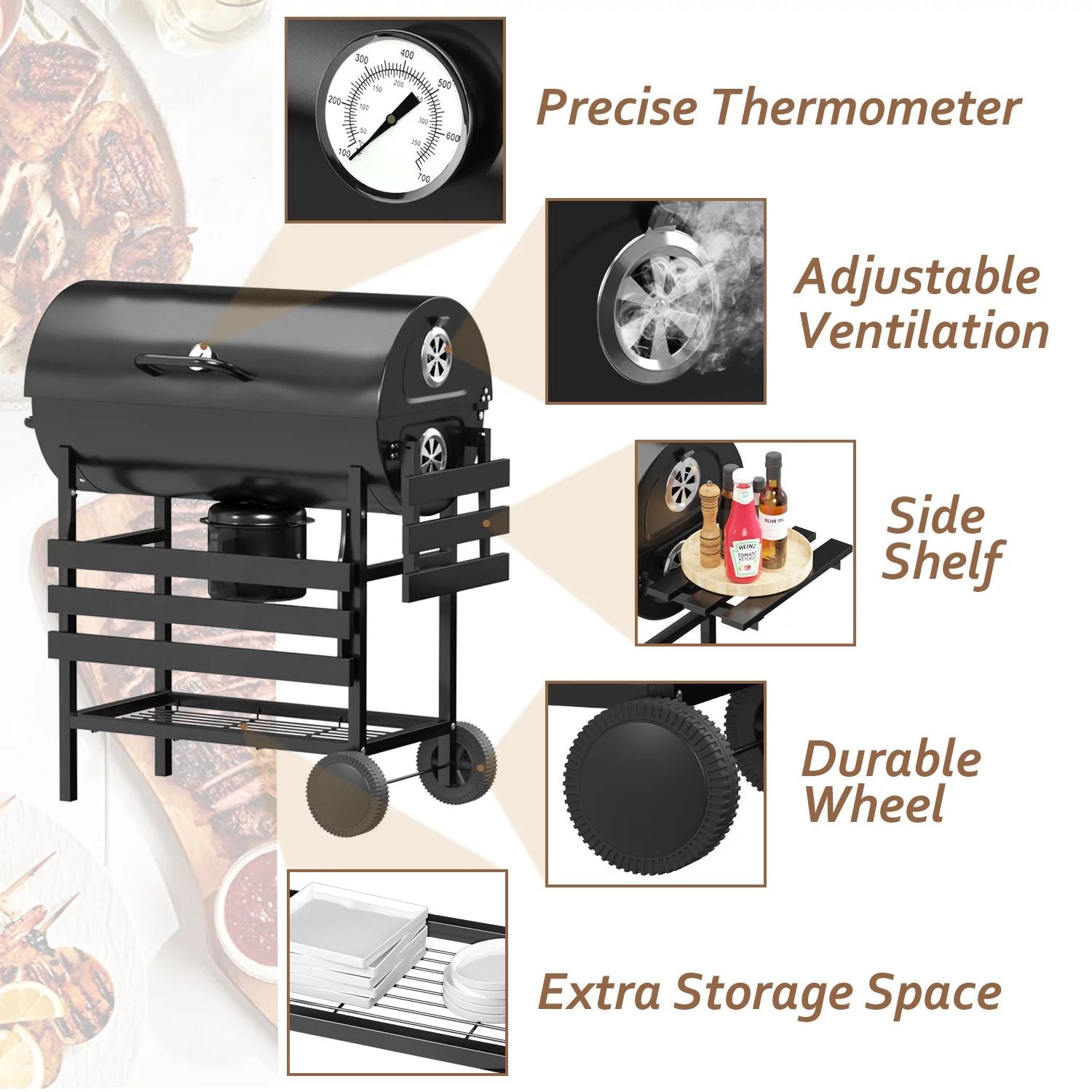 Devoko 29” Barrel Outdoor Charcoal Grill with Side Shelf and Wheels, Black