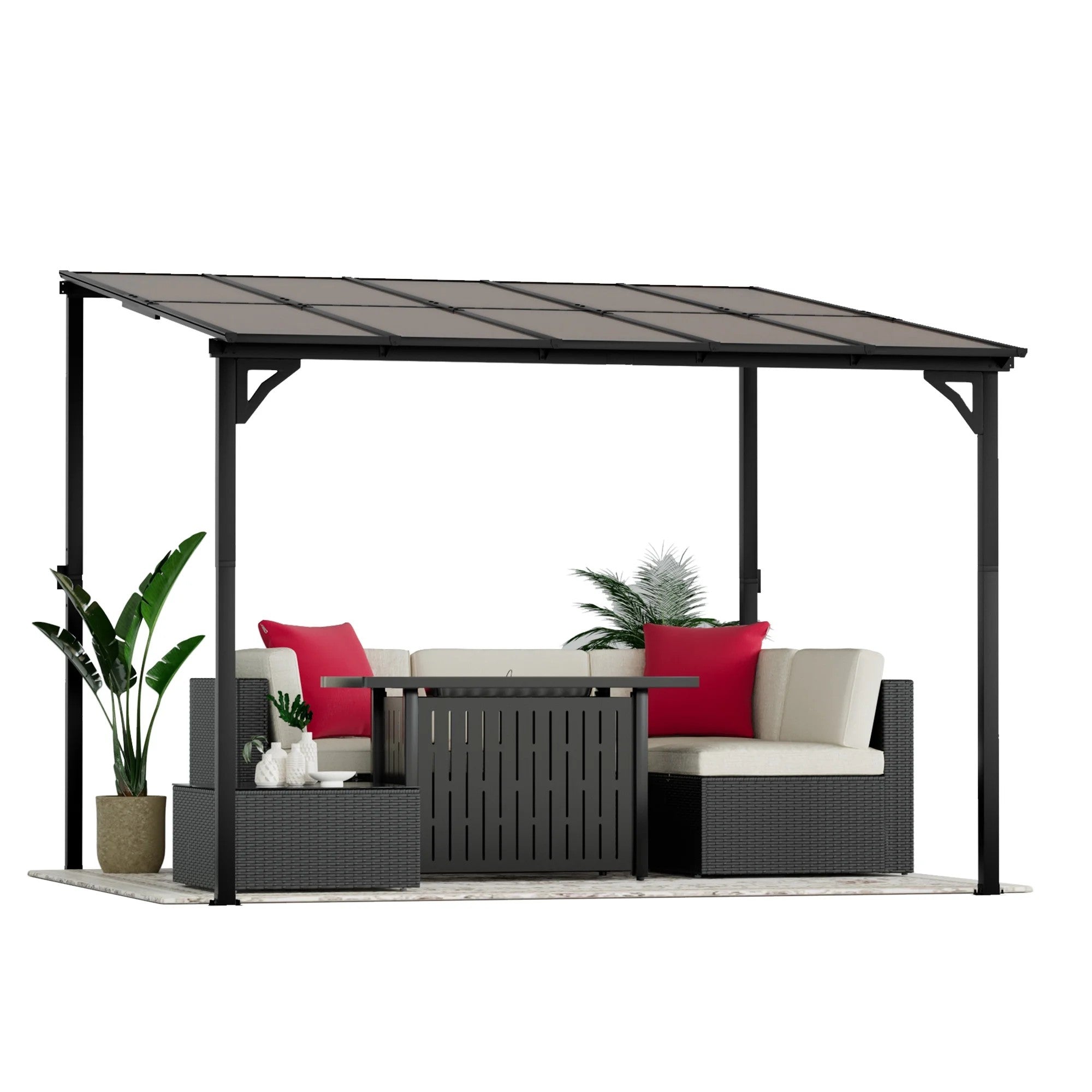 Devoko 10*10 ft Patio Gazebo with Metal Frame and Polycarbonate Roof, Pergola with Lean-to Roof for Backyard and Garden
