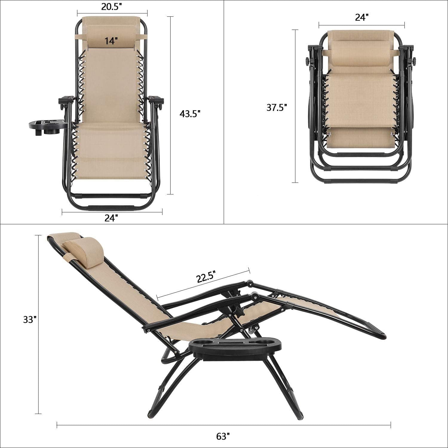 Devoko 2 PCS Zero Gravity Chair Outdoor Lounge Patio Chair Camp Reclining Lounge Chairs