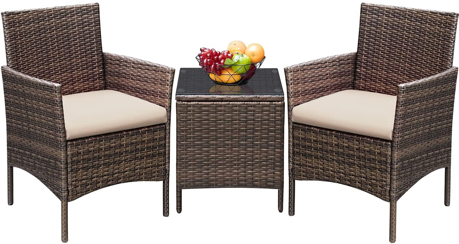DEVOKO 3 PCS Outdoor Patio Furniture Gray PE Rattan Wicker Table and Chairs Set Bar Set with Cushioned Tempered Glass