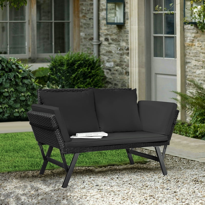 Devoko Patio Wicker Daybed with Adjustable Armrest, Outdoor Foldable PE Rattan Sofa Bed for All-Weather Use