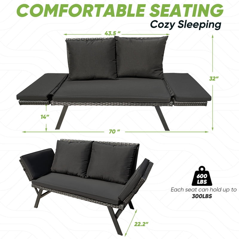 Devoko Patio Wicker Daybed with Adjustable Armrest, Outdoor Foldable PE Rattan Sofa Bed for All-Weather Use