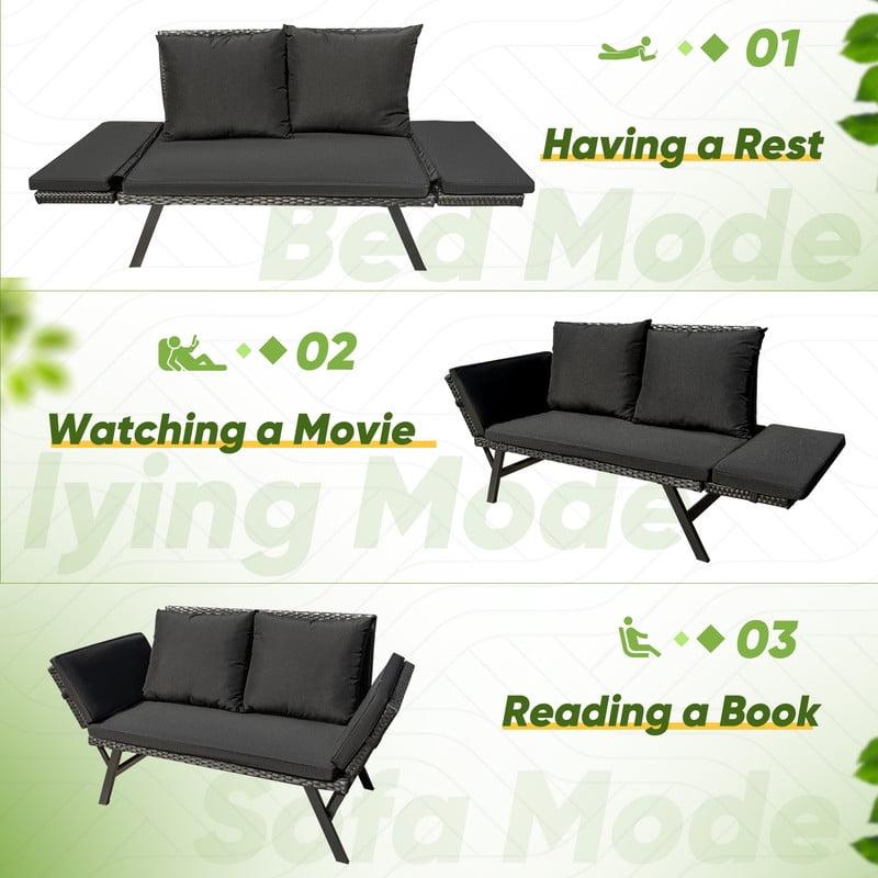 Devoko Patio Wicker Daybed with Adjustable Armrest, Outdoor Foldable PE Rattan Sofa Bed for All-Weather Use