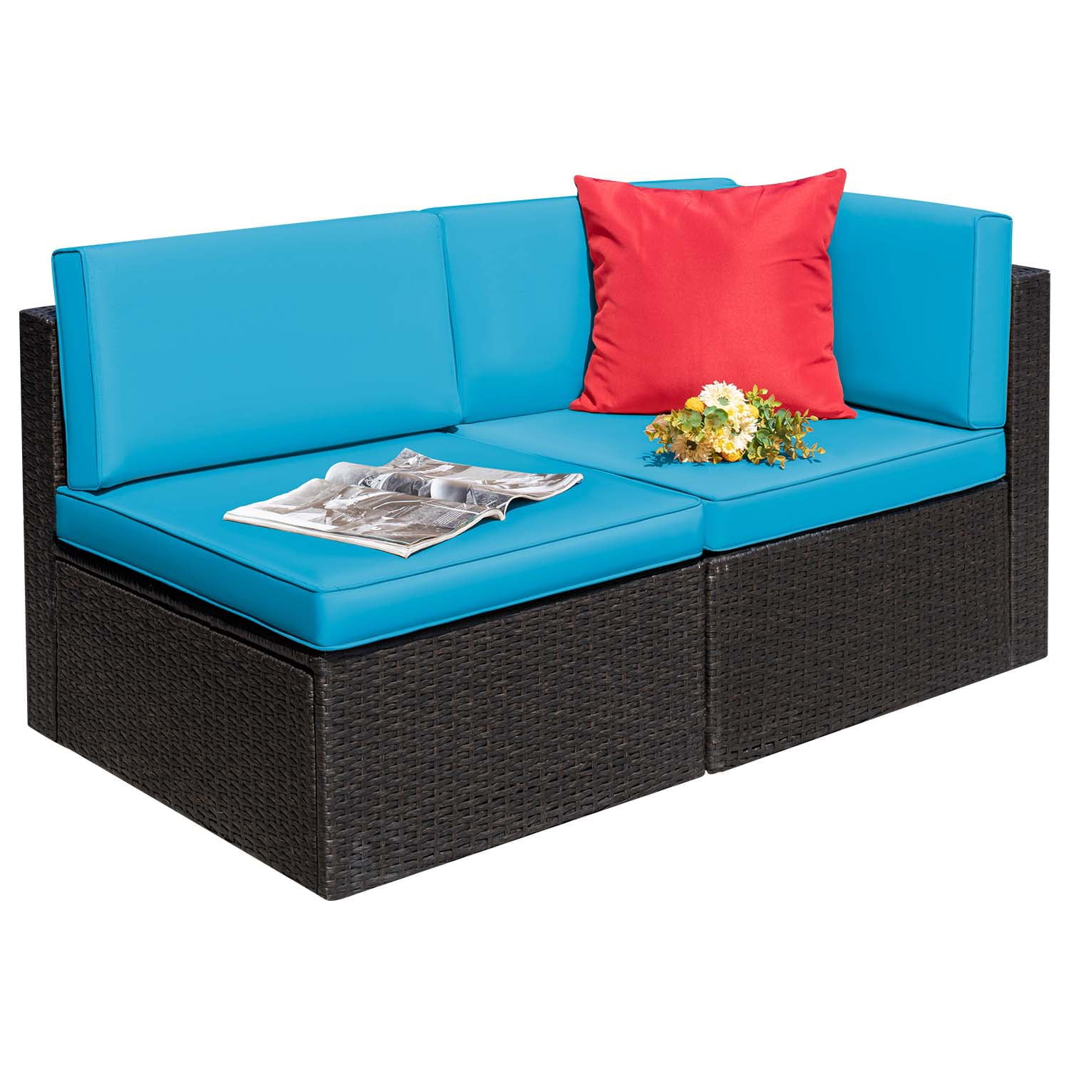 Devoko 2 Pieces Patio Sectional Set Outdoor Rattan Loveseat with Cushions & Red Pillow