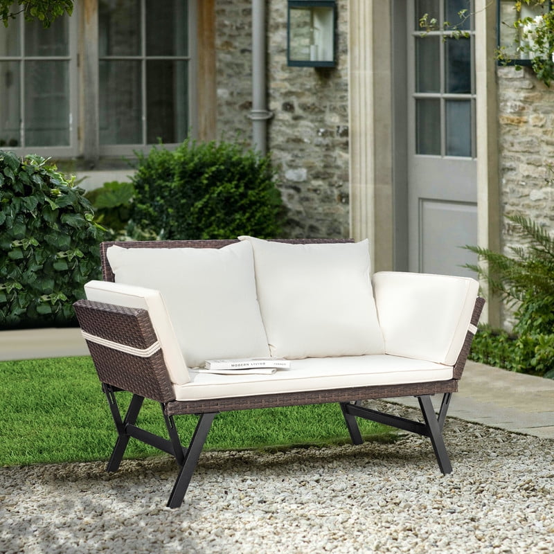 Devoko Patio Wicker Daybed with Adjustable Armrest, Outdoor Foldable PE Rattan Sofa Bed for All-Weather Use