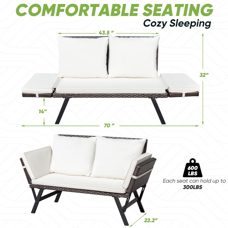 Devoko Patio Wicker Daybed with Adjustable Armrest, Outdoor Foldable PE Rattan Sofa Bed for All-Weather Use