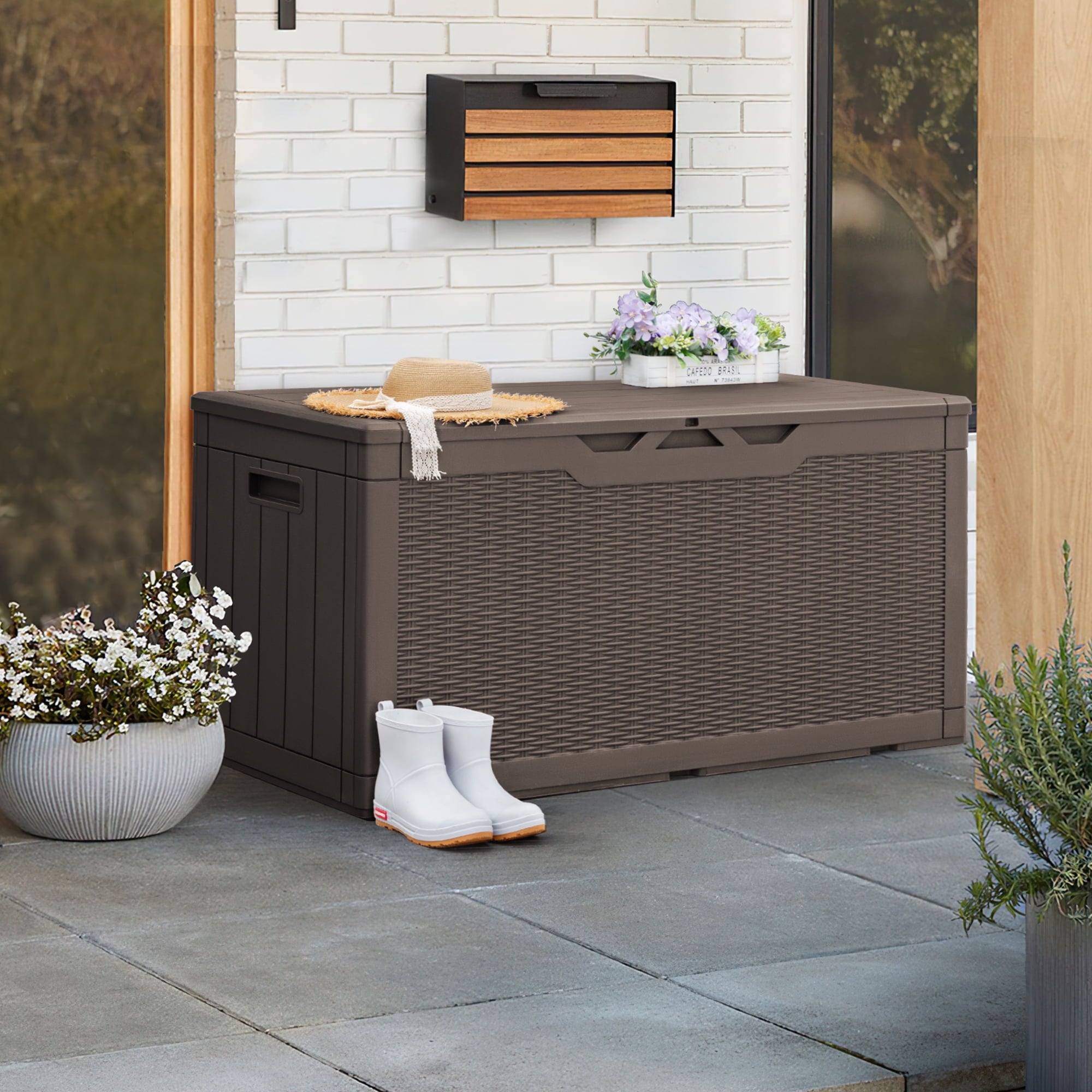 Devoko 100 Gallon Resin Deck Box Outdoor Waterproof Storage Box with Air Rod Outdoor Lockable Storage Bench