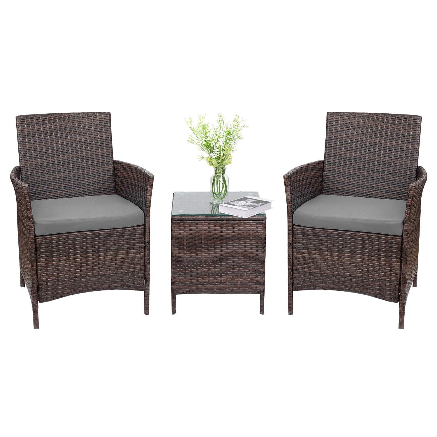 DEVOKO 3 PCS Outdoor Patio Furniture Gray PE Rattan Wicker Table and Chairs Set Bar Set with Cushioned Tempered Glass