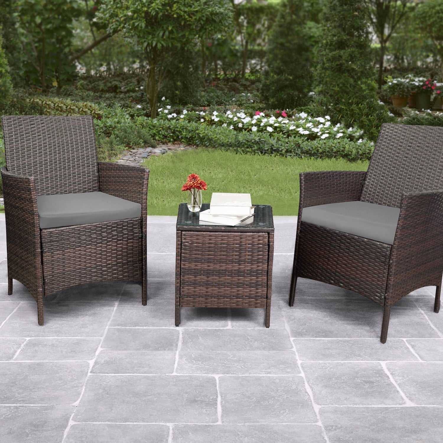 DEVOKO 3 PCS Outdoor Patio Furniture Gray PE Rattan Wicker Table and Chairs Set Bar Set with Cushioned Tempered Glass