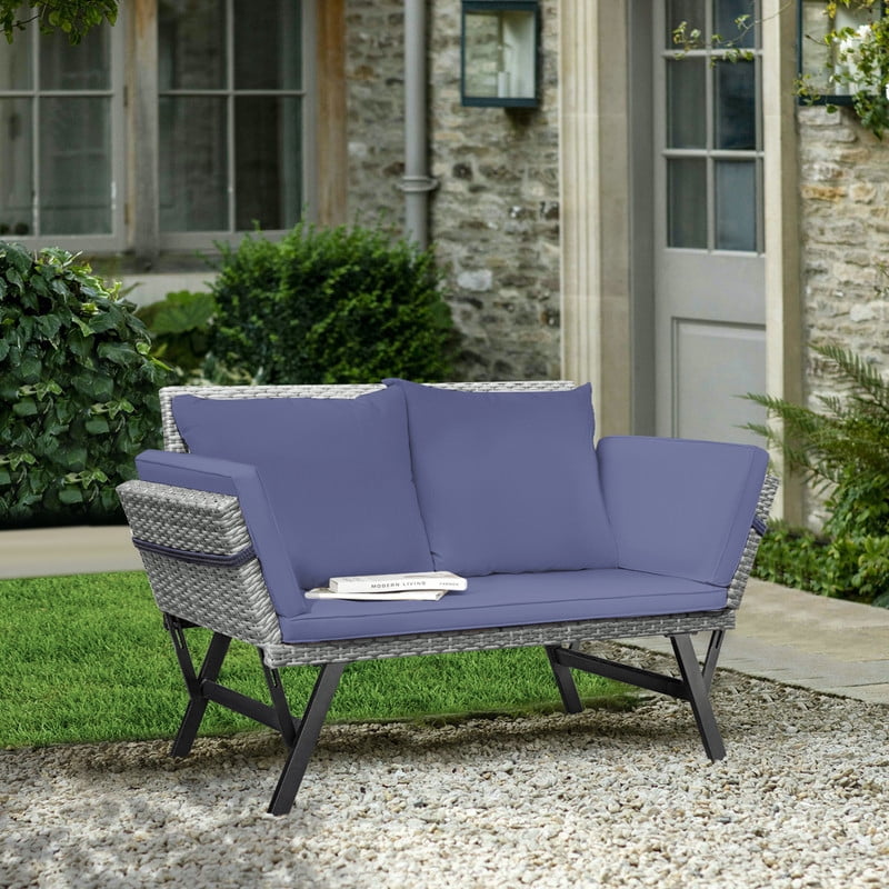 Devoko Patio Wicker Daybed with Adjustable Armrest, Outdoor Foldable PE Rattan Sofa Bed for All-Weather Use