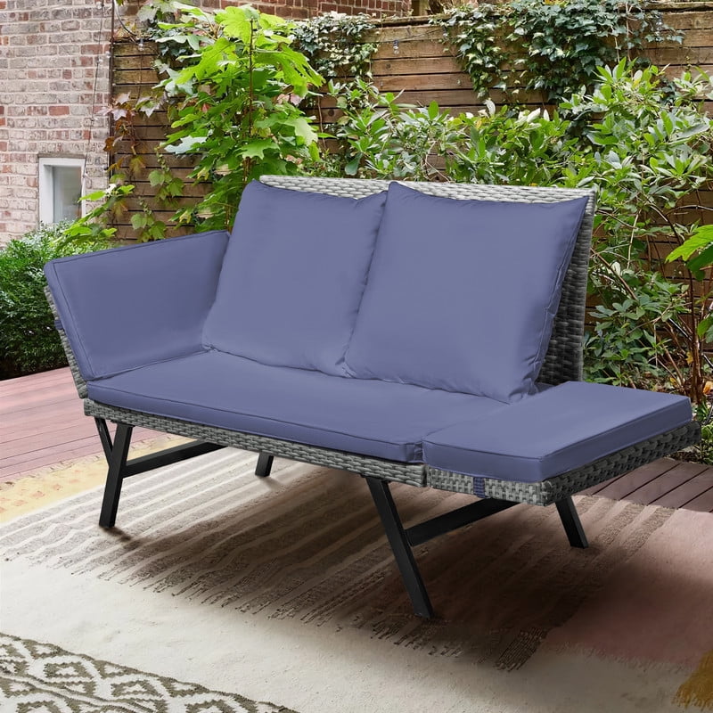 Devoko Patio Wicker Daybed with Adjustable Armrest, Outdoor Foldable PE Rattan Sofa Bed for All-Weather Use