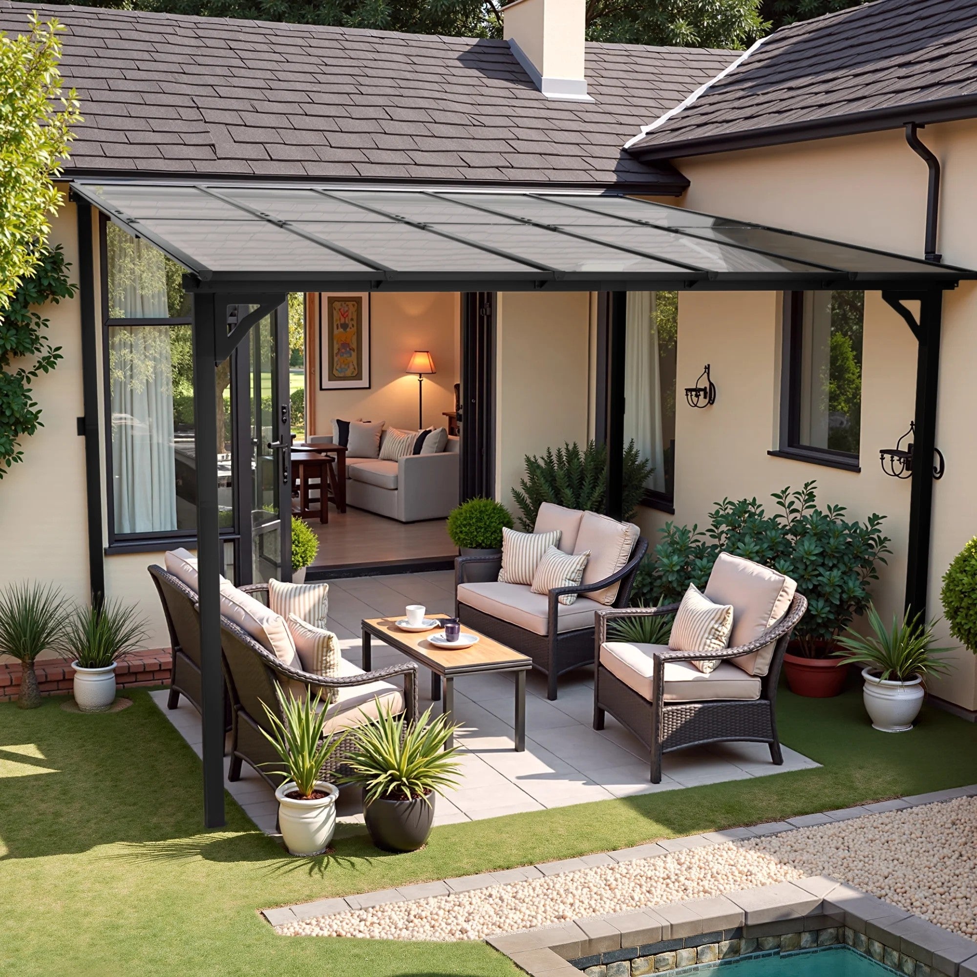 Devoko 10*10 ft Patio Gazebo with Metal Frame and Polycarbonate Roof, Pergola with Lean-to Roof for Backyard and Garden