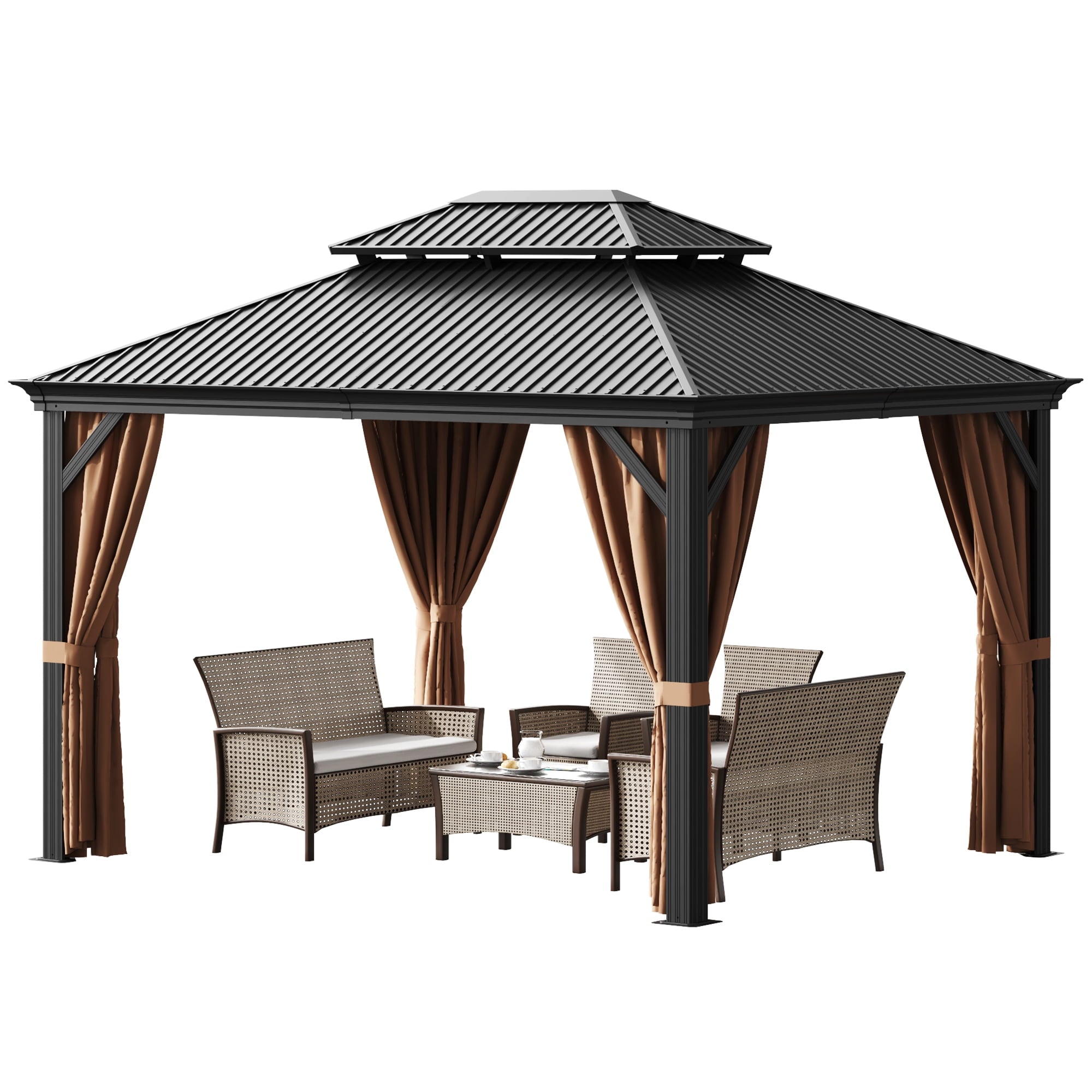 Devoko 10' x 12' Hardtop Gazebo Outdoor Galvanized Steel Metal Double Roof Aluminum Frame Permanent Pergolas with Netting and Curtains for Patio Backyard Garden Lawns Parties
