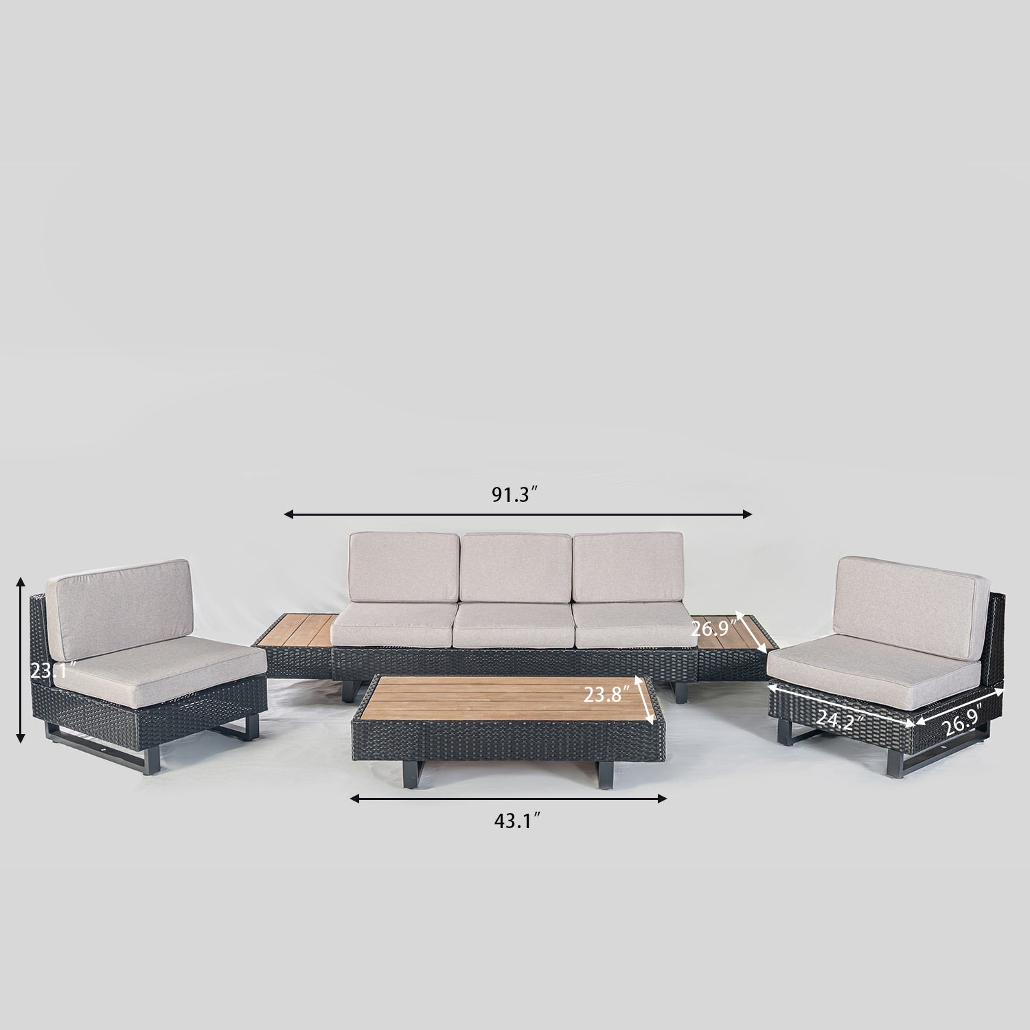 Devoko 4 Pieces Acacia Wood Patio Sectional Sofa, All-Weather Oudoor Seating Sets with Side Table