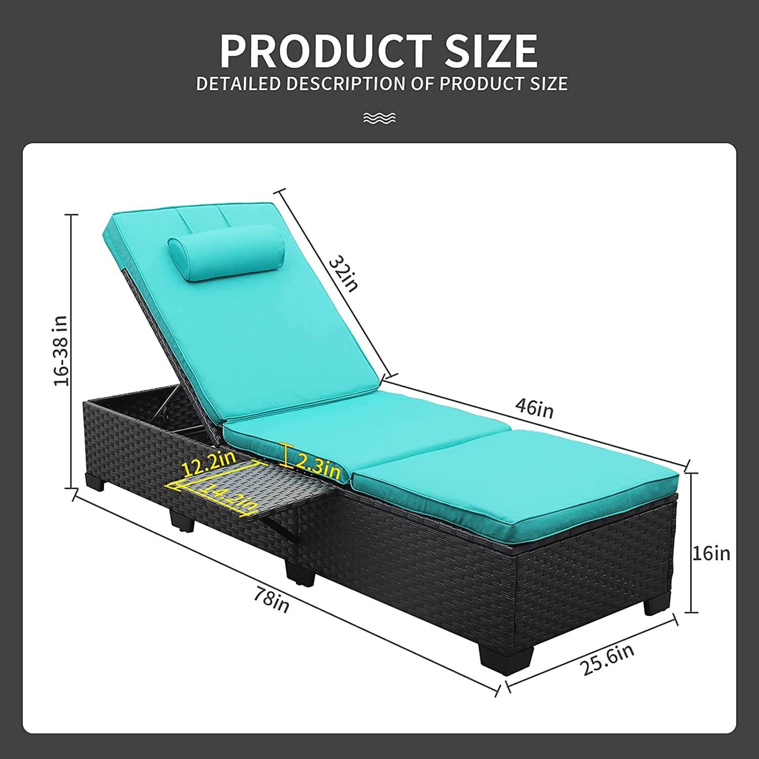 Devoko 2 Piece Patio Chaise Lounge, Rattan Reclining Chair Set with Adjustable Backrest and Side Table