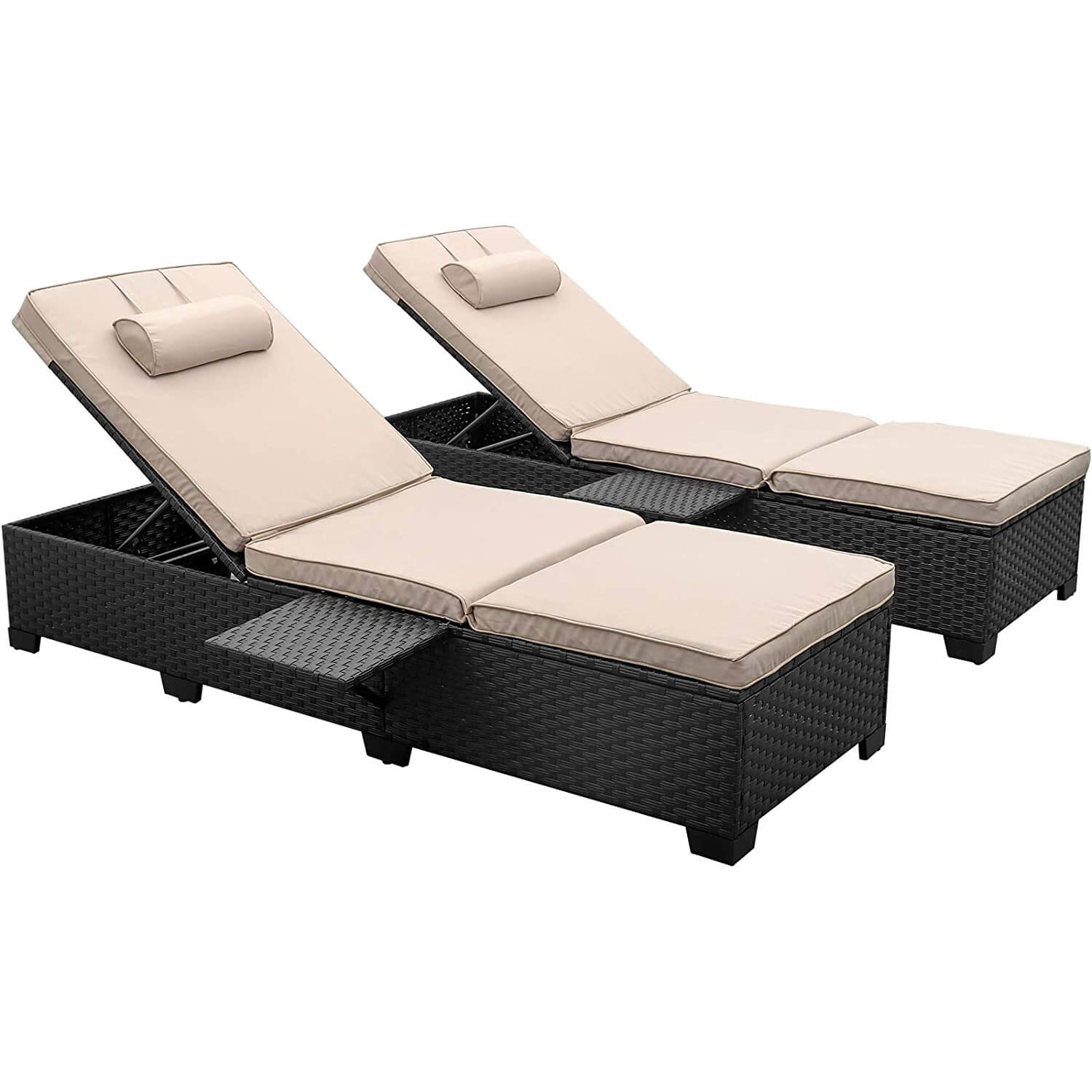 Devoko 2 Piece Patio Chaise Lounge, Rattan Reclining Chair Set with Adjustable Backrest and Side Table
