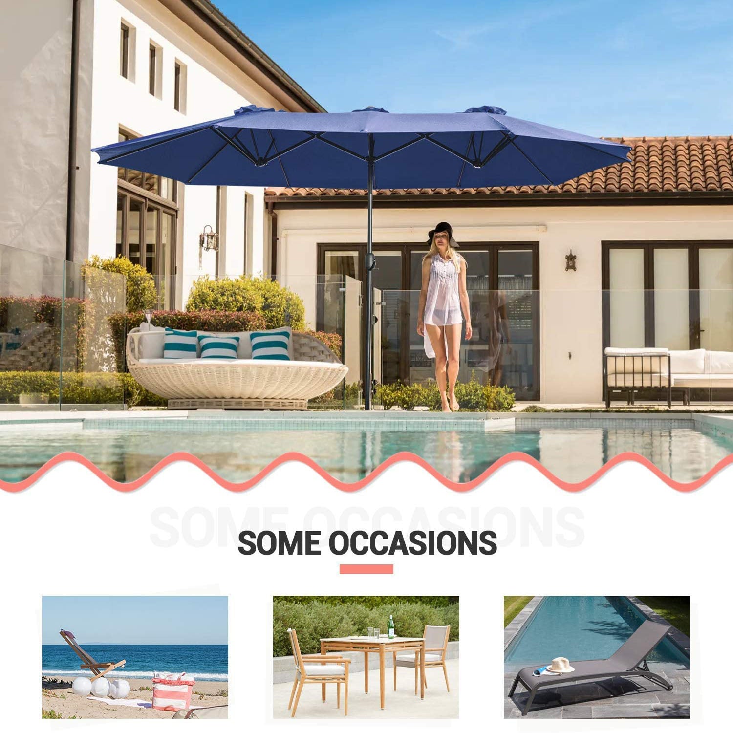 Devoko 15 Ft Rectangular Patio Umbrella Double Sided Table Umbrella Large Outdoor Market Twin Umbrella with Crank Handle
