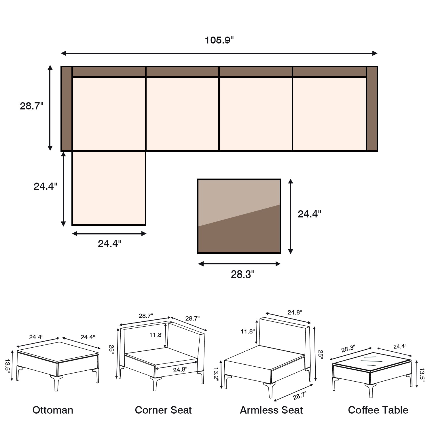 Devoko 6 Pieces Patio Furniture Sectional Sofa with Metal Feet