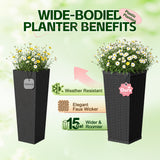 Devoko 2 Pack 24" Tall Outdoor Plastic Planters with Removable Inner Pots, UV Resistant Faux Wicker Rattan Patio Planters, Large Tapered Design for Balcony Garden Living Room, Black
