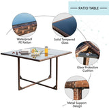 Devoko 42.8" Patio Square Table with Tempered Glass and Steel Frame Outdoor Wicker Dining Table