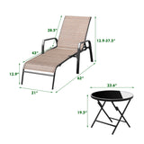 Devoko 3 Pcs Outdoor Chaise Lounge Steel Chair Sets Adjustable Backrest with Tempered Glass