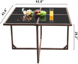 Devoko 42.8" Patio Square Table with Tempered Glass and Steel Frame Outdoor Wicker Dining Table