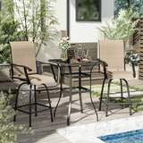 Devoko Outdoor High Bar Bistro Chair Set Patio Outdoor Textilene Swivel Chair and Tempered Glass Table Set of 3, Light Brown, Steel