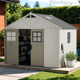 Devoko 10x8 FT Resin Storage Shed with Floor, Large Outdoor Plastic Sheds Outside Garden Shed with Lockable Door & Windows, Multipurpose Tool Storage Shed for Patio Lawn Backyard, Beige