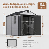 Devoko 8 x 8 FT Resin Storage Shed with Floor, Outdoor Plastic Tool Shed, All-Weather Garden Shed with Lockable Door & Sloping Roof for Patio, Backyard, Poolside, Light Grey