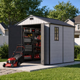 Devoko 8 x 8 FT Resin Storage Shed with Floor, Outdoor Plastic Tool Shed, All-Weather Garden Shed with Lockable Door & Sloping Roof for Patio, Backyard, Poolside, Light Grey