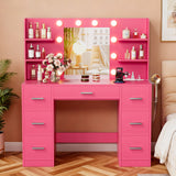 Vineego Vanity Desk with Adjustable Lighted Mirror, Vanity Table Set with Drawers & Storage Shelves, Makeup Vanity for Bedroom Dressing Room