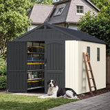 Devoko Plastic Outdoor Storage Shed with Floor, 8x6 FT Resin Tool Garden Shed with DIY Window and Lockable Door, Outside Kick-it Shed for Patio,Garden, Backyard, Lawn, Beige