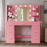 Vineego Vanity Desk with Adjustable Lighted Mirror, Vanity Table Set with Drawers & Storage Shelves, Makeup Vanity for Bedroom Dressing Room