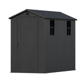 Devoko 4×8 FT Resin Outdoor Storage Shed with Floor, Plastic Garden Shed,Outside Tool Shed with Window and Lockable Door, Waterproof Lawn Shed for Backyard Patio, Dark Grey
