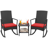 Devoko 3 Pieces Patio Rattan Rocking Chair Set with Cushion and Table Outdoor Porch and Garden Furniture
