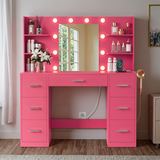 Devoko Vanity Desk with Adjustable Lighted Mirror, Vanity Table Set with Drawers & Storage Shelves, Makeup Vanity for Bedroom Dressing Room