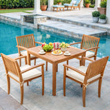 Devoko 5 PCS Acacia Wood Patio Furniture Set Square table and Chairs with Cushions for 4 People,Burlywood