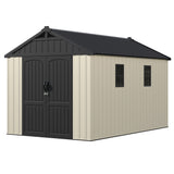 Devoko 8 x 12 FT Resin Outdoor Storage Shed with Floor, Large Plastic Sheds, Kick-it Outside Tool Shed with Lockable Door & Windows Sloping Roof for Backyard, Lawn, Garden, Patio, Beige