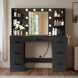 Vineego Vanity Desk with Adjustable Lighted Mirror, Vanity Table Set with Drawers & Storage Shelves, Makeup Vanity for Bedroom Dressing Room