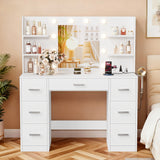 Vineego Vanity Desk with Adjustable Lighted Mirror, Vanity Table Set with Drawers & Storage Shelves, Makeup Vanity for Bedroom Dressing Room