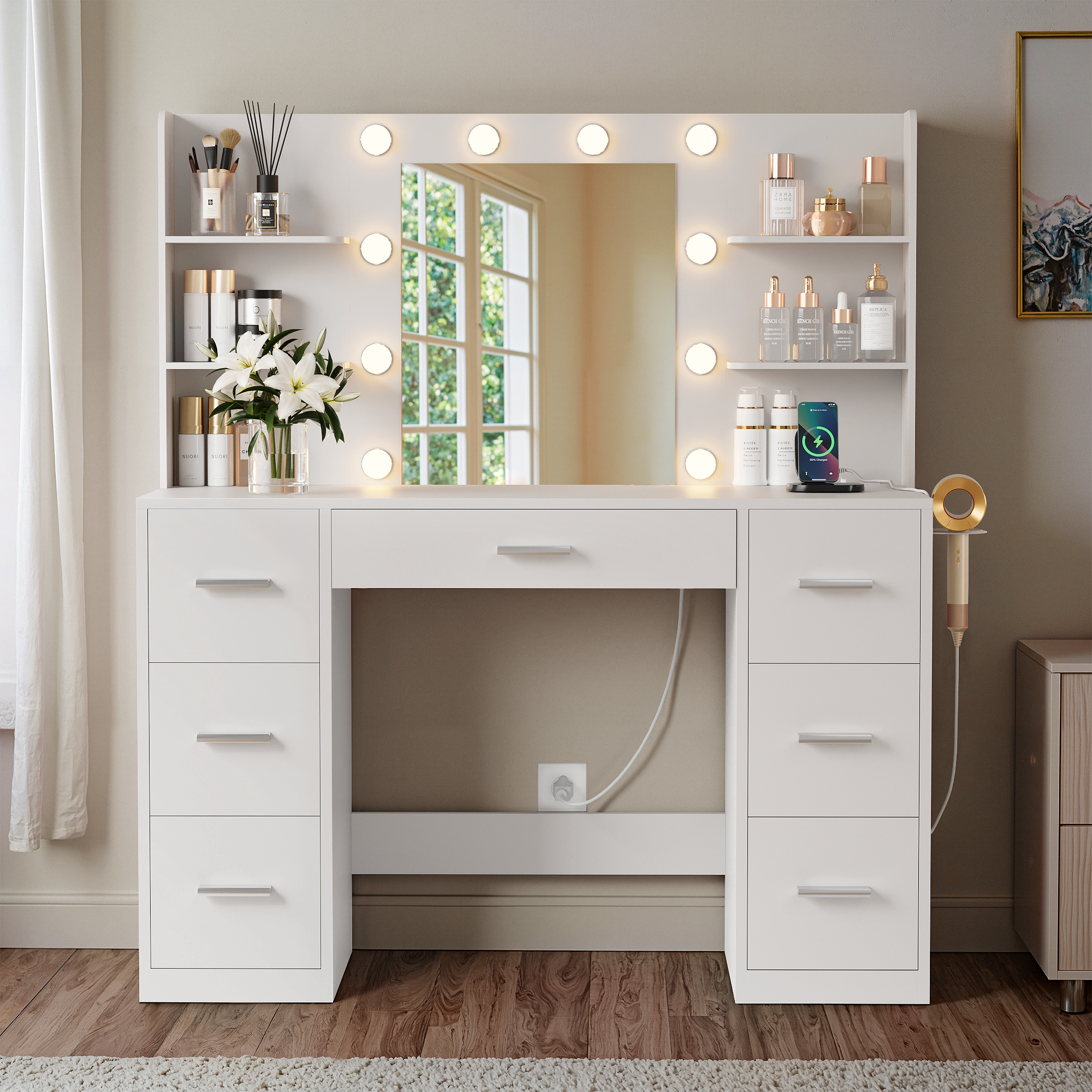 Vineego Makeup Vanity Desk with Mirror, Lights & Power Outlet Vanity Table with 7 Drawers and 6 Storage Shelves for Bedroom, White