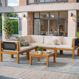 Homall 6 Pieces Acacia Wood Patio Conversation Set Wood Sectional Set Outdoor Furniture Set with Cushions, White